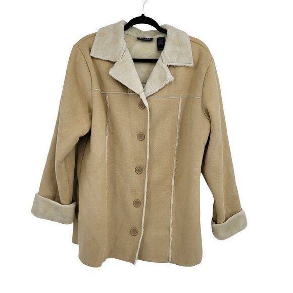 Crazy Horse Boho Retro 70's Ultra Suede Faux Fur Trim Button Down Coat Sz Lg - Picture 1 of 8